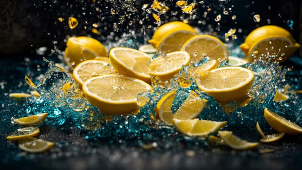 an explosion of bright colors of lemon slices in the air and water against a background of deep dark blue and bluish shades.