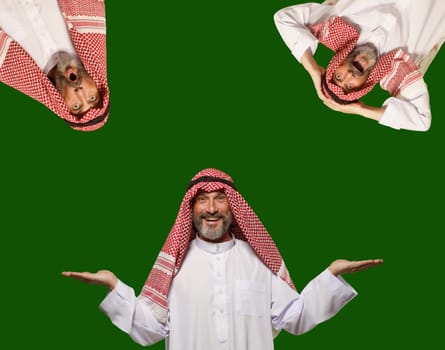 Smiling Arab man expresses happiness and makes choice, creating empty blank space for your text. Isolated on green background, radiates positivity, contentment, and joy of making decisions. High quality photo