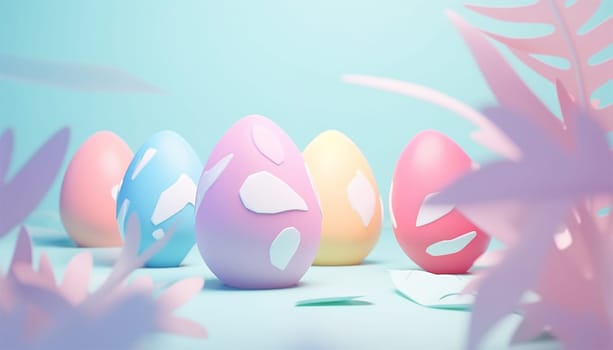 Light pastel Easter eggs design with copy space. Set of blue, pink and yellow 3D eggs shape frames design. Elements for happy Easter day festival design. Collection of geometric oval for product display or text space. Top view. illustration Happy Easter Space for text