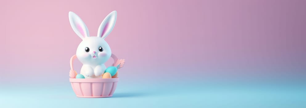 Happy Easter pastel background. Cute 3D Easter bunny with eggs in grass. Easter day design. Holiday banner, web poster, flyer, stylish brochure, greeting card, cover. Spring Easter background Copy space space for text