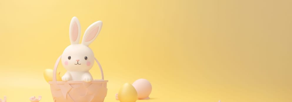 Happy Easter pastel background. Cute 3D Easter bunny with eggs in grass. Easter day design. Holiday banner, web poster, flyer, stylish brochure, greeting card, cover. Spring Easter background Copy space space for text