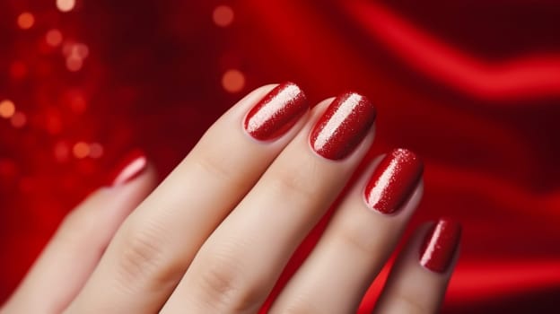 Closeup Female Hands with Red Nails, Manicure for Christmas Or St Valentine's Day . Beautiful Nail Polish for New Year Eve on Red Sparkling Background. AI Generated. High quality photo