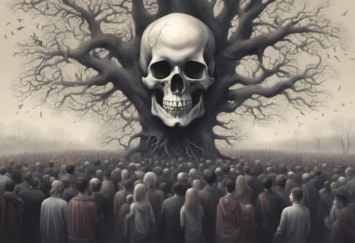 large group of people, skull color, crowds of people, sinister fantasy illustration, identity, thinking about others, branching, connectedness, oak tree, matte painting of the human mind, gothic face. Generate AI