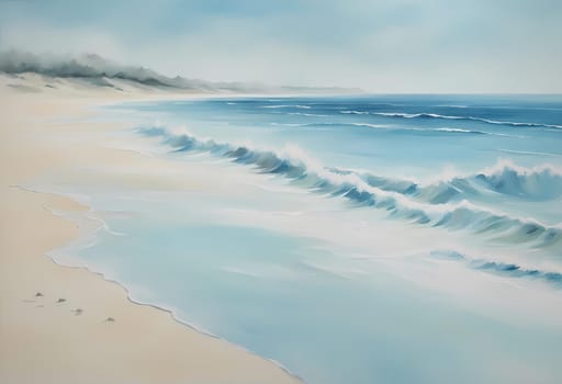 beach scene painting with waves crashing on the sand, light blue mist, gentle zen minimalist, beach, evokes delight, connectedness, artwork empty daylight, beautiful ocean, Generate AI