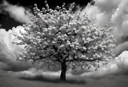 black and white photo of a tree,, apple blossoms, complex environment, highly detailed clouds, in thick layers of rhythms, photo Generate AI