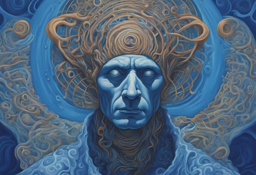 a painting of a man with a blue background, hyper - detailed visionary art, cognition, mobius, promotional poster art, figure meditating close shot, high detailed cartoon, high evolution, blue clothing, hypermasculine, spirals, schizophrenic. Generate AI