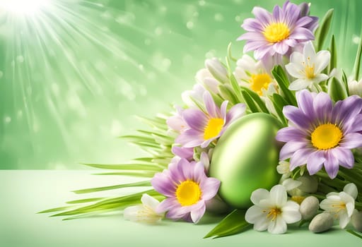 Easter background with spring flowers on a light green metallic background and bright sun rays Generate AI
