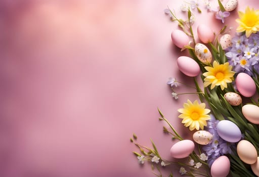 Easter background with spring flowers on a pink metallic background and bright sun rays Generate AI