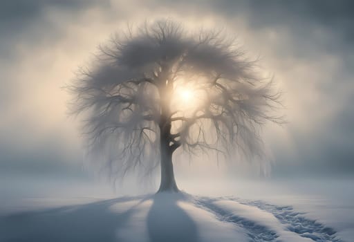 lonely tree in snowy landscape, beautiful gorgeous digital art, floor fog, foggy sun and mystical, frozen, footprints, ice sunflowers, with a tall tree, Generate AI