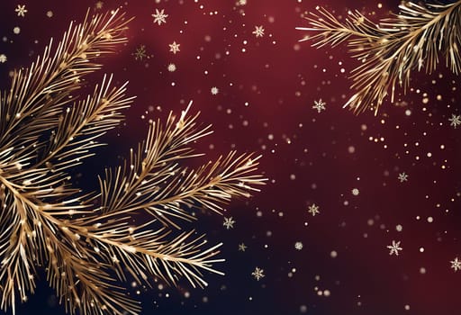 Winter background with pine branches on a dark red background. Gold stars and white, shiny snowflakes Generate AI