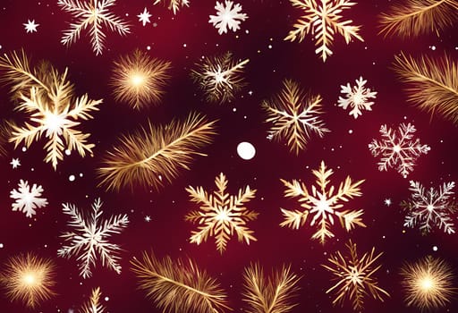 Winter background with pine branches on dark red metallic background. Gold stars and white, shiny snowflakes Generate AI