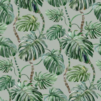 Seamless pattern with monstera flower painted in watercolor on a gray background for prints and textile design