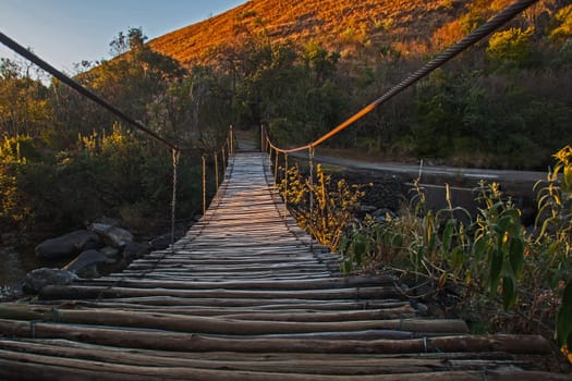 Early morning frosted suspension bridge in the Drakensberg South Africa