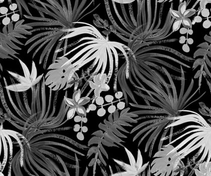 monochrome seamless pattern with tropical dried plant painted with gouache for textile and design
