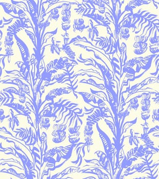 summer tropical seamless pattern with a blue palm tree and growing bananas on a white background drawn in a naive style in gouache for textiles and design surfaces