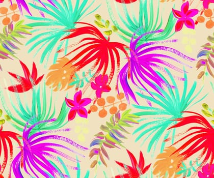 Modern summer abstract botanical pattern with tropical leaves and flowers in beige background