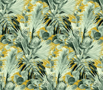 gray watercolor seamless monochrome pattern with dry palm leaves with protea and monstera flower on ocher color background for textiles