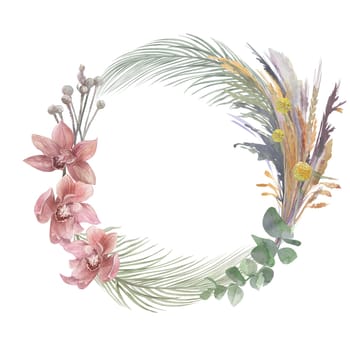 watercolor round frame with orchids and dry palm leaves and eucalyptus branch for cards and packaging design isolated on white background