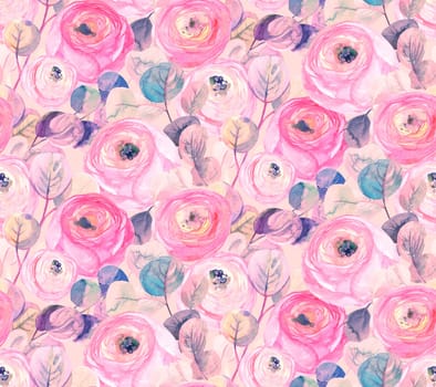 delicate vintage watercolor seamless pattern with Ranunculus roses flowers and eucalyptus branches on a pink background