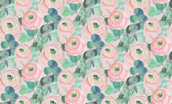 watercolor delicate seamless pattern with delicate roses and eucalyptus on light pink on a light green background