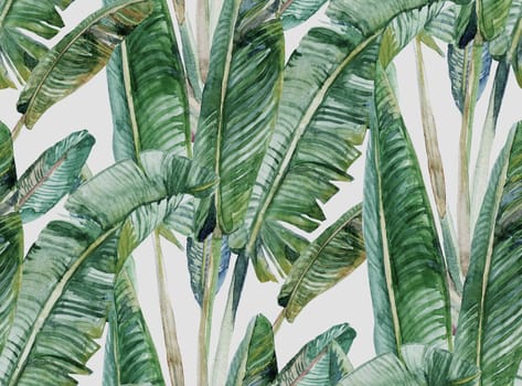 seamless pattern with watercolor banana palms in khaki shades on a gray background