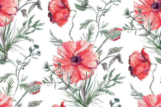 Seamless watercolor pattern with red poppy flowers on white background for summer textile and surface design