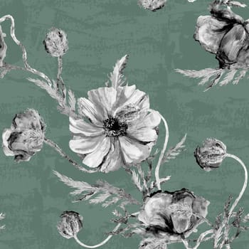 Seamless botanical watercolor pattern with poppies on a white background. Vintage summer print for textile and surface design