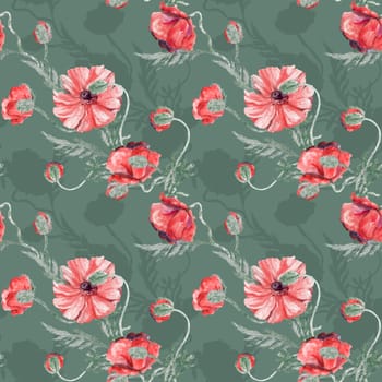 Seamless pattern in vintage style with a bouquet of red poppies with eyeshadow sittles on a green background for summer textile and surface design. Summer botanical motif.