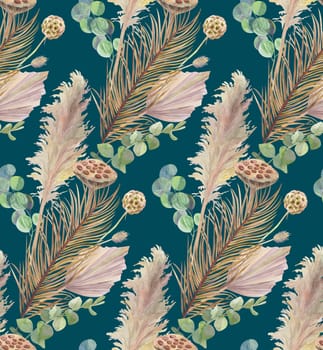 watercolor seamless pattern with dried flowers and dry palm leaves on dark green background for textiles and surface design