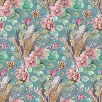watercolor seamless pattern with orchid flowers and herbarium of dried flowers and eucalyptus branches on a dark green background for textiles and surface design