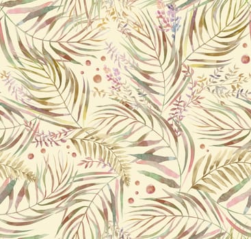 Seamless watercolor botanical pattern with tropical palm leaves in boho style for textile