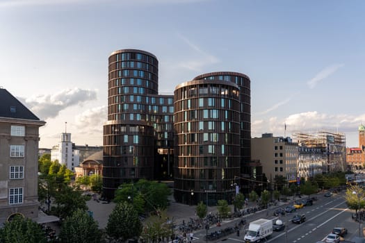 Copenhagen, Denmark - July 14, 2023: Exterior view of the modern Axel Towers designed by architects Lundgaard and Tranberg.