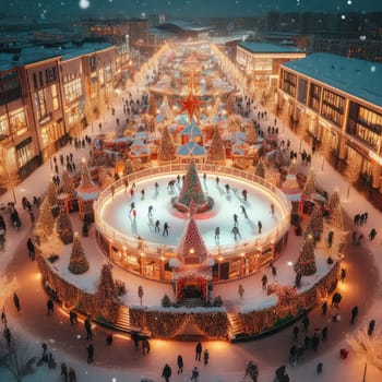 Ice skating rink near the shopping center. decorated for Christmas. In the evening.