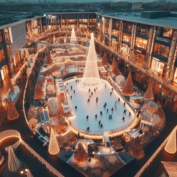 Ice skating rink near the shopping center. decorated for Christmas. In the evening.