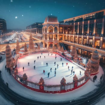 Ice skating rink near the shopping center. decorated for Christmas. In the evening.