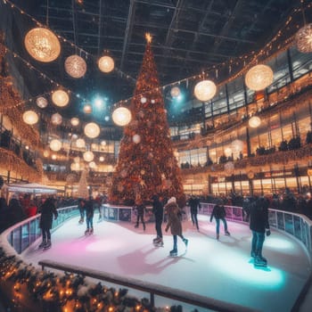 Ice skating rink near the shopping center. decorated for Christmas. In the evening.