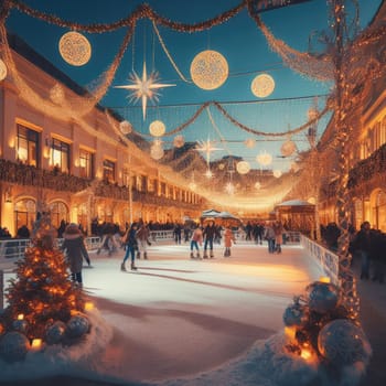 Ice skating rink near the shopping center. decorated for Christmas. In the evening.