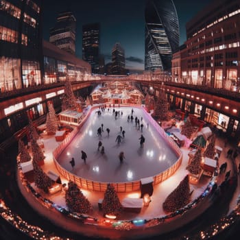 Ice skating rink near the shopping center. decorated for Christmas. In the evening.