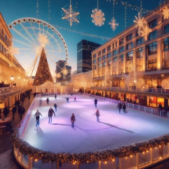 Ice skating rink near the shopping center. decorated for Christmas. In the evening.