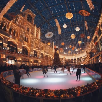 Ice skating rink near the shopping center. decorated for Christmas. In the evening.