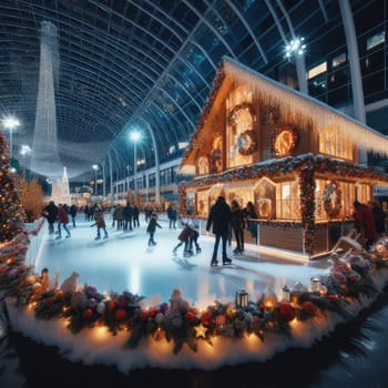 Ice skating rink near the shopping center. decorated for Christmas. In the evening.