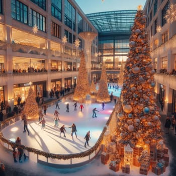 Ice skating rink near the shopping center. decorated for Christmas. In the evening.