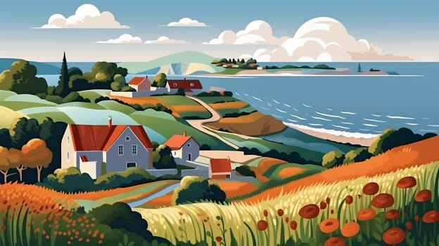 Vivid paintings of bucolic coastline landscapes under cloudy sky - AI generative