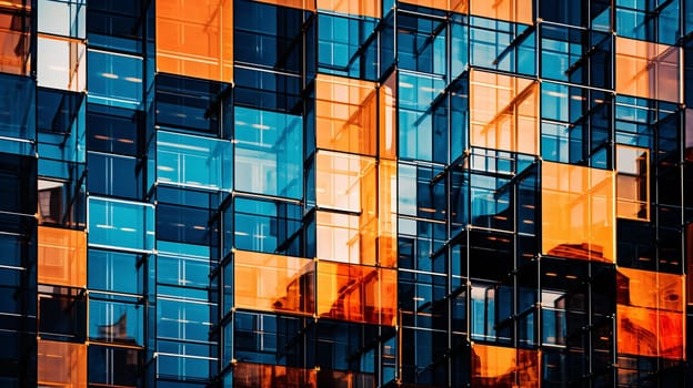 A stunning display of modern architecture, the building's windows reflect the bustling cityscape, creating an abstract and mesmerizing facade that captures the essence of urban life
