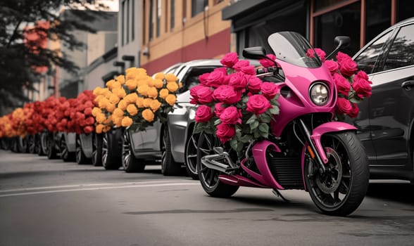 Rose Parade Or Flower Delivery. Parked Cars and Motorcycle Bikes, Decorated With Flower Roses. Bouquets Of Yellow Pink Red Roses In Street. Landscape, City. Ai Generated. High quality Illustration