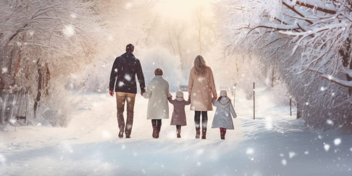 Happy family Father, mother and children are having fun and playing on snowy winter walk in nature. comeliness