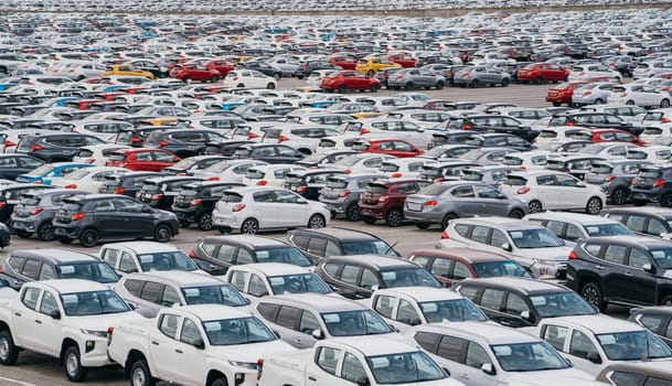 Lamchabang, Thailand - July 02, 2023 At a sunny car factory, a distribution center hosts rows of new cars. The top view showcases the bustling parkinga symbol of modern industry and marketing.