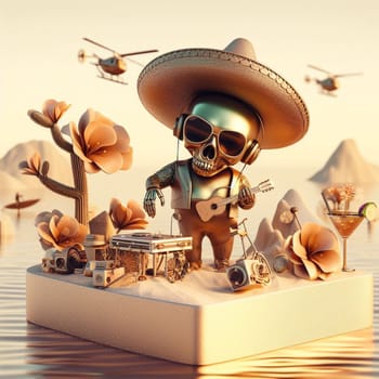 steampunk skater fashionable cool metallic deejay alien mariachi hosting party in tropical island generative ai art