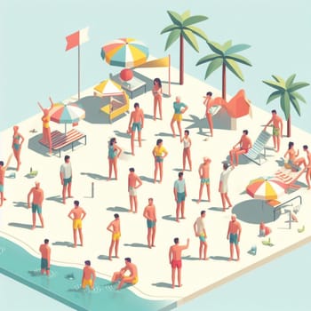 people having fun in the beach, isometric view, sea waves, 3d illustration generative ai art