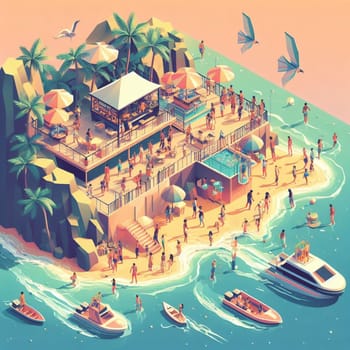 people having fun in the beach, isometric view, sea waves, 3d illustration generative ai art